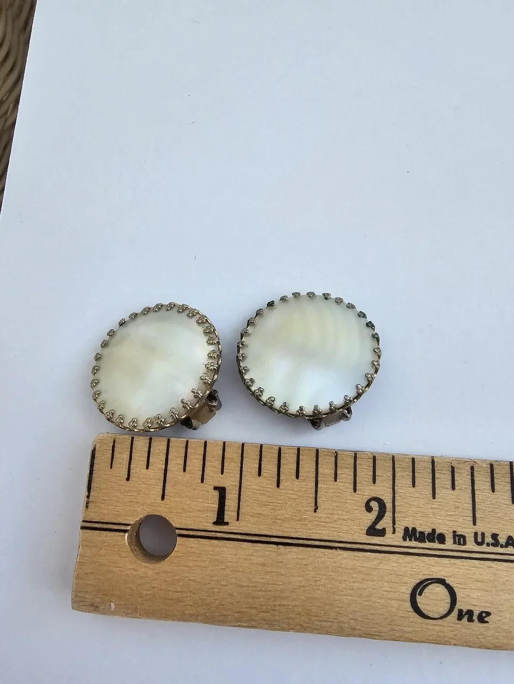 Vintage Mother of Pearl Clip-On Earrings Crown Dogtooth Bezel Statement Button​